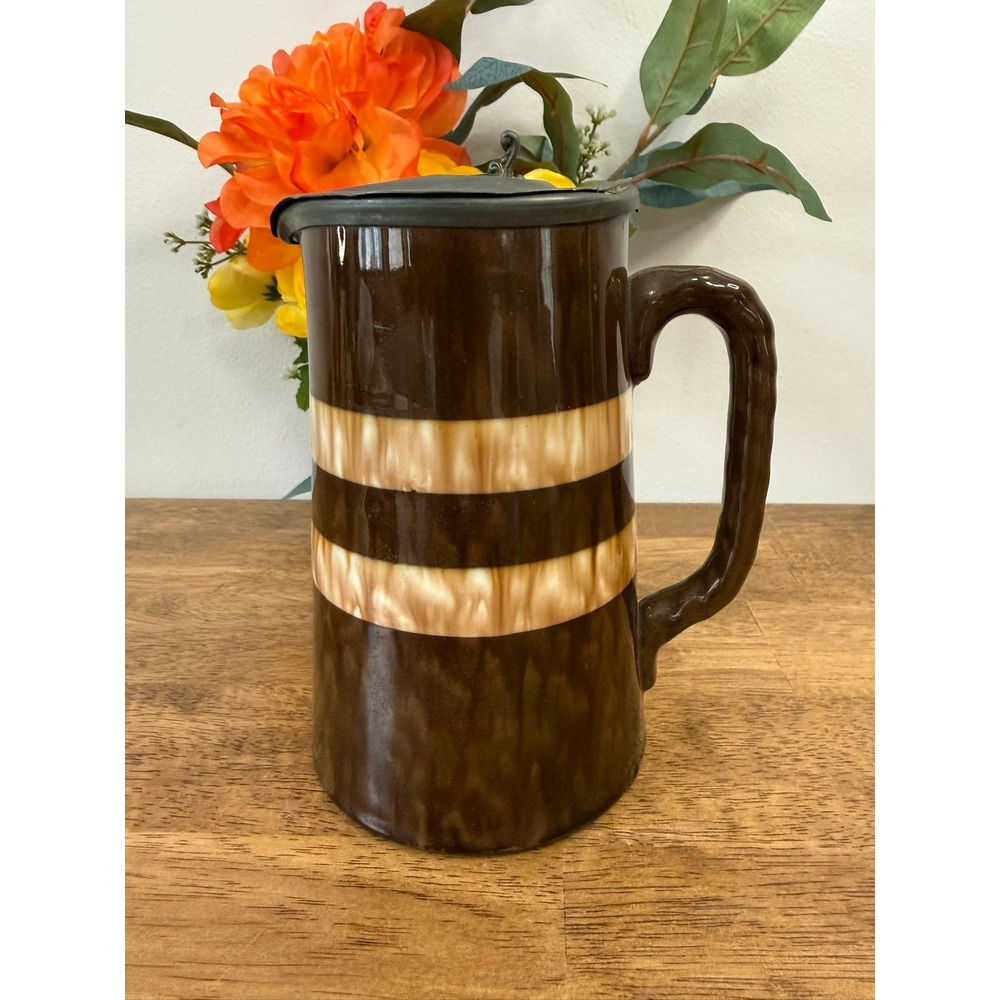 Vintage English Banded Brown Stoneware Syrup Jug With Pewter Lid Made In England